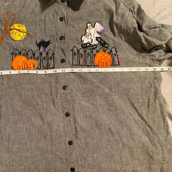Halloween Embroidered Fall Pumpkin Casey & Max Gray cotton Button Down Shirt - Picture 7 of 11
